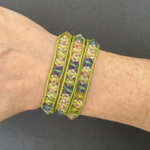 wrap bracelet light spring green leather pastel bicone crystal beads triple wrap 3x image 6