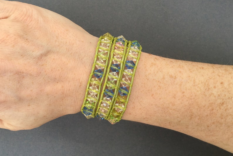 wrap bracelet light spring green leather pastel bicone crystal beads triple wrap 3x image 6