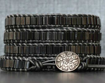 hematite tile wrap bracelet on pewter leather - beaded jewelry - casual glam - grey gunmetal silver