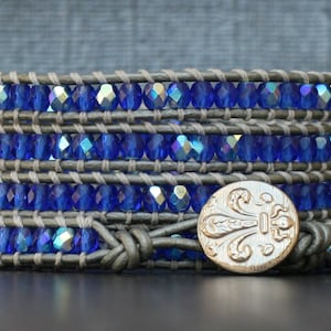 crystal wrap bracelet sapphire blue aurora borealis on silver leather cobalt beaded leather 5 wrap boho gypsy bohemian image 1