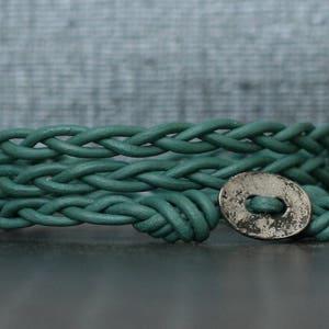 dark emerald green braided leather wrap bracelet with distressed silver button - bohemian jewelry - casual jewelry - simple jewelry