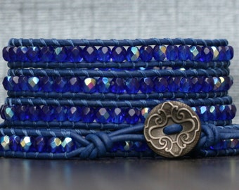 cobalt blue wrap bracelet - sapphire crystal on royal blue leather - boho bohemian jewelry