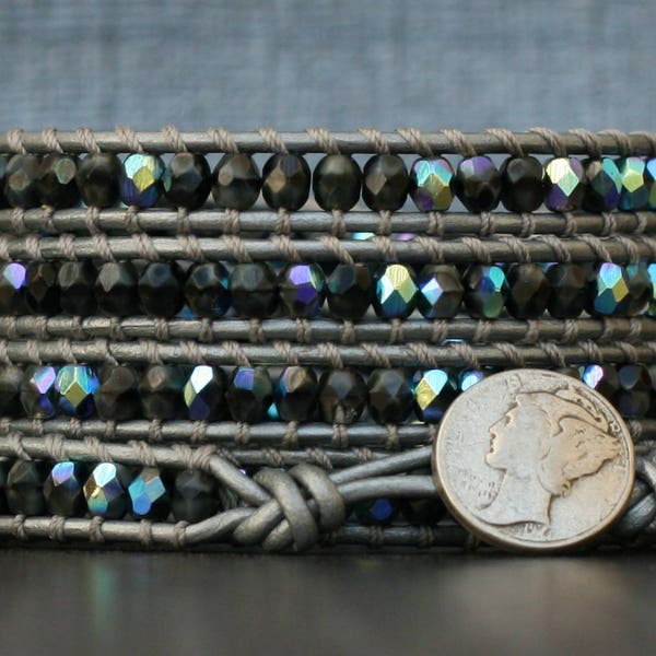 READY TO SHIP crystal wrap bracelet- gray jet aurora borealis beads on silver leather - bohemian beaded jewelry with mercury dime button