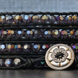 wrap bracelet- purple aurora borealis crystals on black leather- beaded leather - boho glam