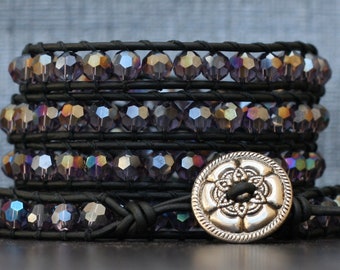 wrap bracelet- purple aurora borealis crystals on black leather- beaded leather - boho glam