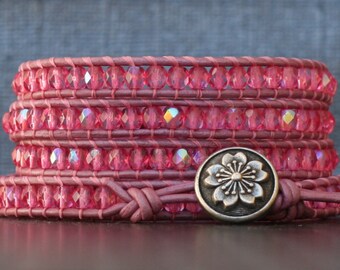 petal pink crystal on light pink leather wrap bracelet - rose pink - boho jewelry - silver flower button