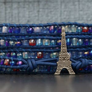 eiffel tower bracelet - blue red clear seed beads on royal blue leather - french wrap bracelet - beaded leather bohemian jewelry