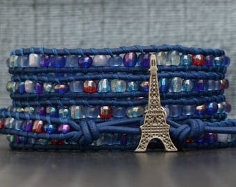 eiffel tower bracelet - blue red clear seed beads on royal blue leather - french wrap bracelet - beaded leather bohemian jewelry