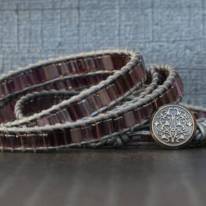 wrap bracelet- mixed purple tile beads on silver leather- bohemian jewelry - stained glass - beach glass image 5