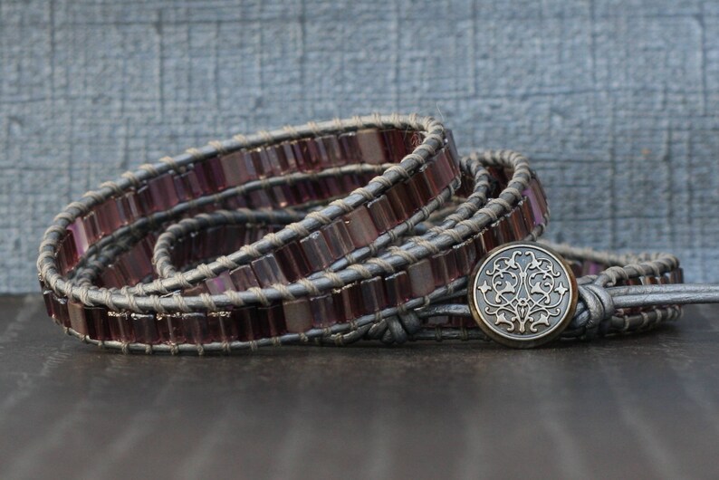 wrap bracelet- mixed purple tile beads on silver leather- bohemian jewelry - stained glass - beach glass image 5
