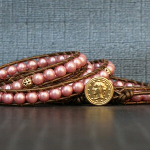 pearl wrap bracelet pink glass pearls with gold accents on bronze leather bohemian jewelry image 5