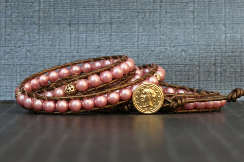 pearl wrap bracelet pink glass pearls with gold accents on bronze leather bohemian jewelry image 5