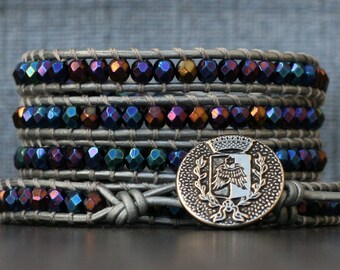 READY TO SHIP wrap bracelet- metallic blue peacock on silver leather- crystal leather bracelet