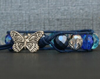 butterfly jewelry - bohemian jewelry - mixed blue crystal on royal blue leather single wrap bracelet - boho glam