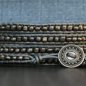 beaded leather wrap bracelet - chrome seed beads on silver leather - modern bohemian jewelry - simple jewelry - boho chic bracelet