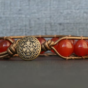 carnelian bracelet - single wrap on bronze leather - bronze button - red orange gemstone bracelet - mens or womens - boho bohemian jewelry