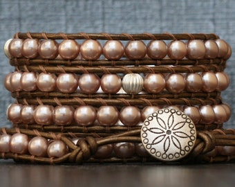 READY TO SHIP wrap bracelet- champagne glass pearls with silver accents on bronze leather - tan beige natural - boho gypsy bohemian wedding