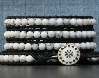 white turquoise wrap bracelet on black leather- beaded leather wrap bracelet - boho mens or womens