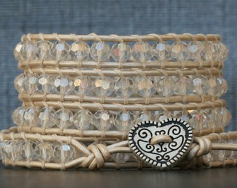 READY TO SHIP crystal wrap bracelet- aurora borealis clear crystal on pearl white leather