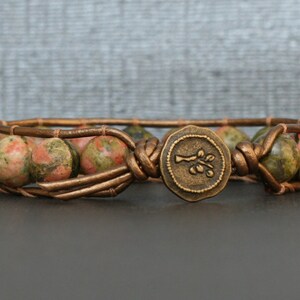 unakite bracelet single wrap on bronze leather bronze button pink green beaded image 4