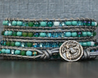 mermaid bracelet - blue and green glass seed beads on silver leather - boho beach wrap bracelet - beach jewelry