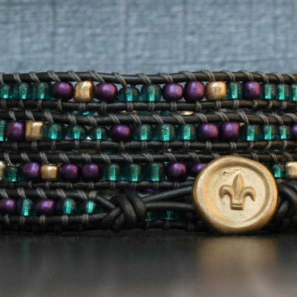 mardi gras wrap bracelet - new orleans bracelet - NOLA jewelry - green purple gold seed beads on pewter leather - fleur de lis button