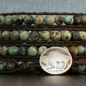 turquoise wrap bracelet- african green turquoise on black brown leather- beaded leather jewelry - mens or womens