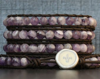 amethyst bracelet- chevron amethyst on black brown leather beaded wrap bracelet - fleur de lis jewelry - purple and white - boho