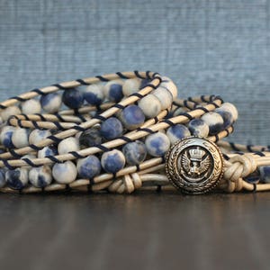 wrap bracelet sodalite on pearl white leather blue, white and silver sailor bracelet mens bracelet image 5