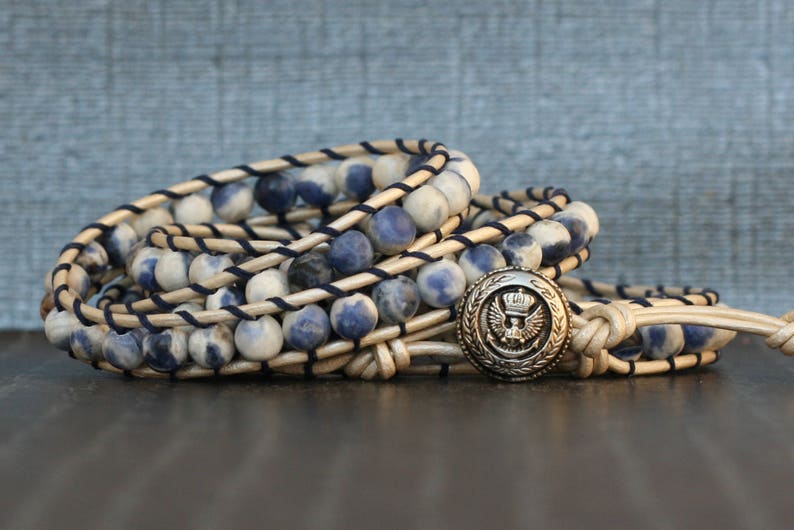 wrap bracelet sodalite on pearl white leather blue, white and silver sailor bracelet mens bracelet image 5