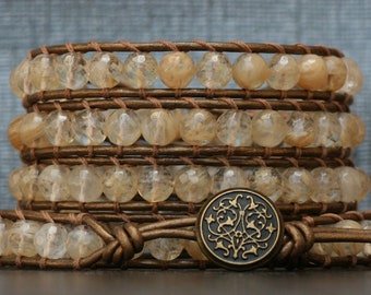 citrine bracelet - wrap bracelet - natural faceted citrine on bronze leather - gemstone - boho western gypsy bohemian jewelry - pale yellow