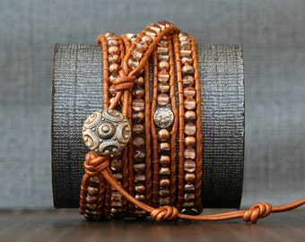 READY TO SHIP wrap bracelet- czech glass beads and silver accents on copper  leather- beaded boho gypsy bohemian jewelry burnt orange