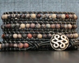 celtic knot jewelry - wrap bracelet - porcelain jasper on pewter leather - mauve maroon purple cream grey - bohemian jewelry