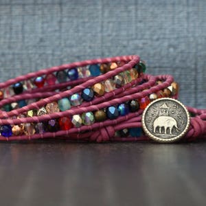 mixed crystal wrap bracelet with metal accents on bright pink leather yoga jewelry elephant jewelry inspired by India beaded rainbow image 5