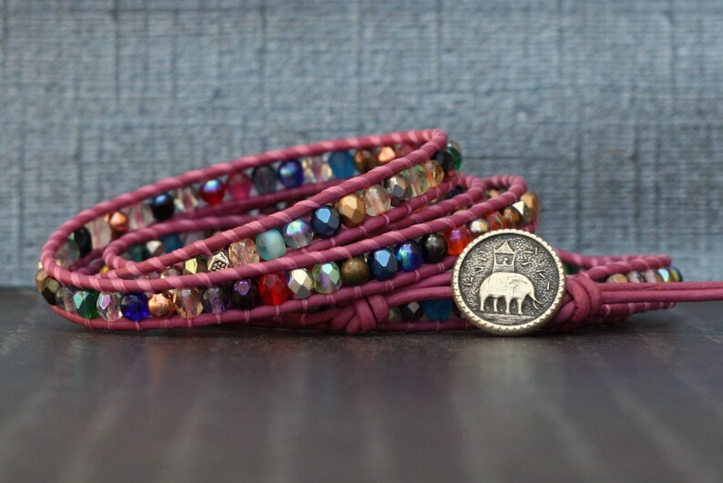 mixed crystal wrap bracelet with metal accents on bright pink leather yoga jewelry elephant jewelry inspired by India beaded rainbow image 5