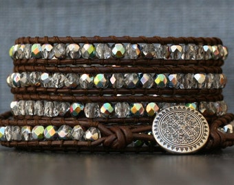 READY TO SHIP wrap bracelet - dark brown leather and clear iridescent crystal - chocolate