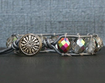 leather and crystal wrap bracelet - clear with rainbow half finish on silver
