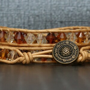 READY TO SHIP wrap bracelet - honey gold crystal mix on pale gold leather - bicone crystal leather triple wrap 3x