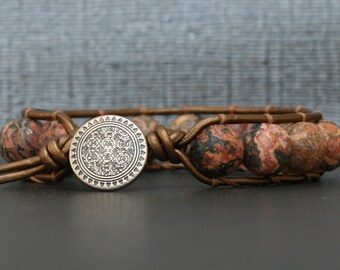 leopard skin jasper on bronze leather stacking bracelet - single wrap - brown black red - boho gypsy bohemian