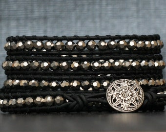 wrap bracelet- silver mirror finish faceted crystal beads on black leather- leather and crystal wrap bracelet