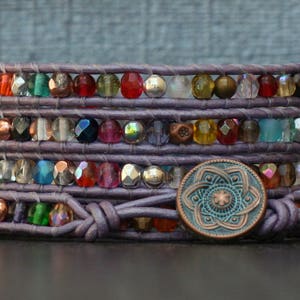 READY TO SHIP lotus bracelet - mixed rainbow crystal wrap bracelet on lavender leather - yoga jewelry - beaded jewelry inspired by India
