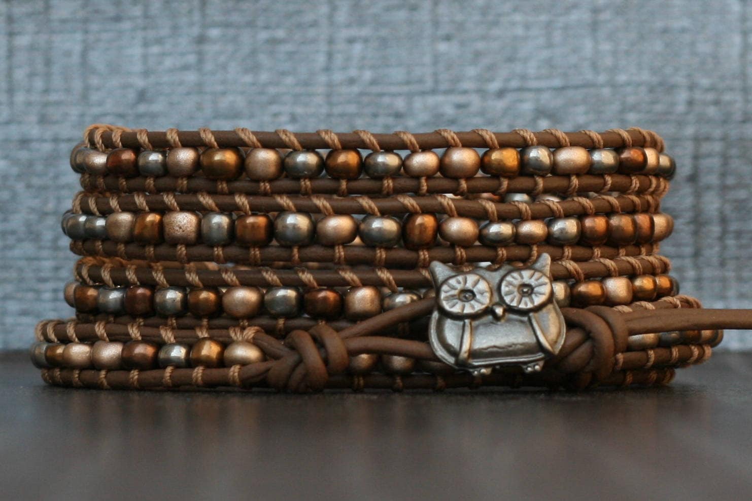 owl bracelet - soft metallic seed beads on chocolate brown leather wrap bracelet - silver gold bronz