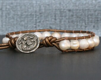 mermaid bracelet - beach jewelry - pearl single wrap on bronze leather - nautical boho gypsy bohemian - more leather colors available