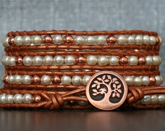 copper bracelet - copper spacers and cream pearls on bronze leather wrap bracelet - bohemian jewelry - tree of life button