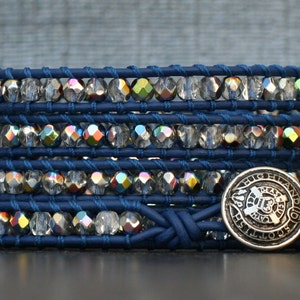 wrap bracelet - royal blue leather and clear iridescent crystal - navy, medium blue