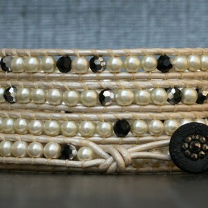 READY TO SHIP pearl and crystal on pearl white leather with antique black victorian mourning button