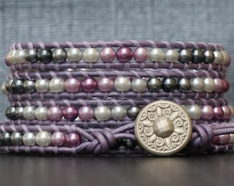 READY TO SHIP wrap bracelet- purple lavender silver grey gray ombre glass pearls on lavender leather