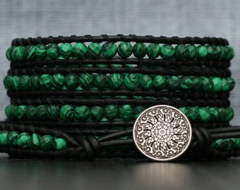 wrap bracelet- faceted malachite and black leather- beaded leather wrap bracelet - boho mens or womens