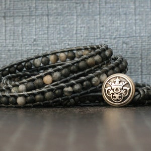 wrap bracelet black grey marble on pewter leather beaded leather gypsy bohemian boho men or women crown button image 5