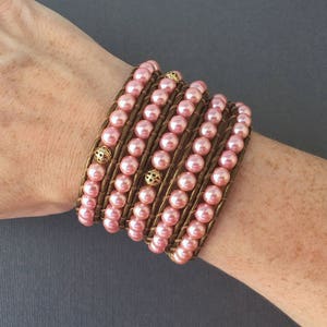 pearl wrap bracelet pink glass pearls with gold accents on bronze leather bohemian jewelry image 6